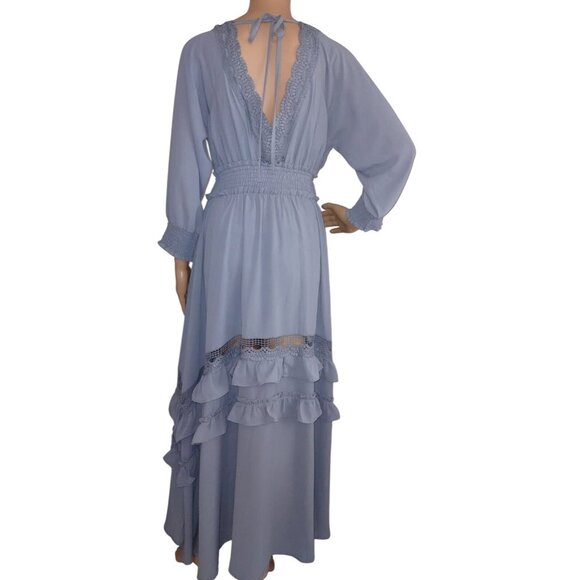 Baltic Born Maxi Dress Womens Size XL long Pippa Ruffle Dusty Blue v-neck lace - Picture 2 of 7